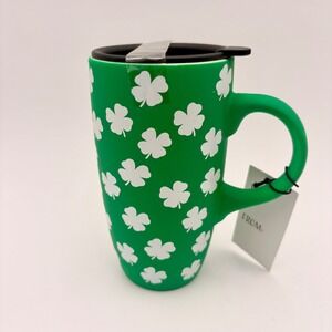 Clover Cottage Green Shamrocks Ceramic Soft Touch Travel Mug St Patricks Day